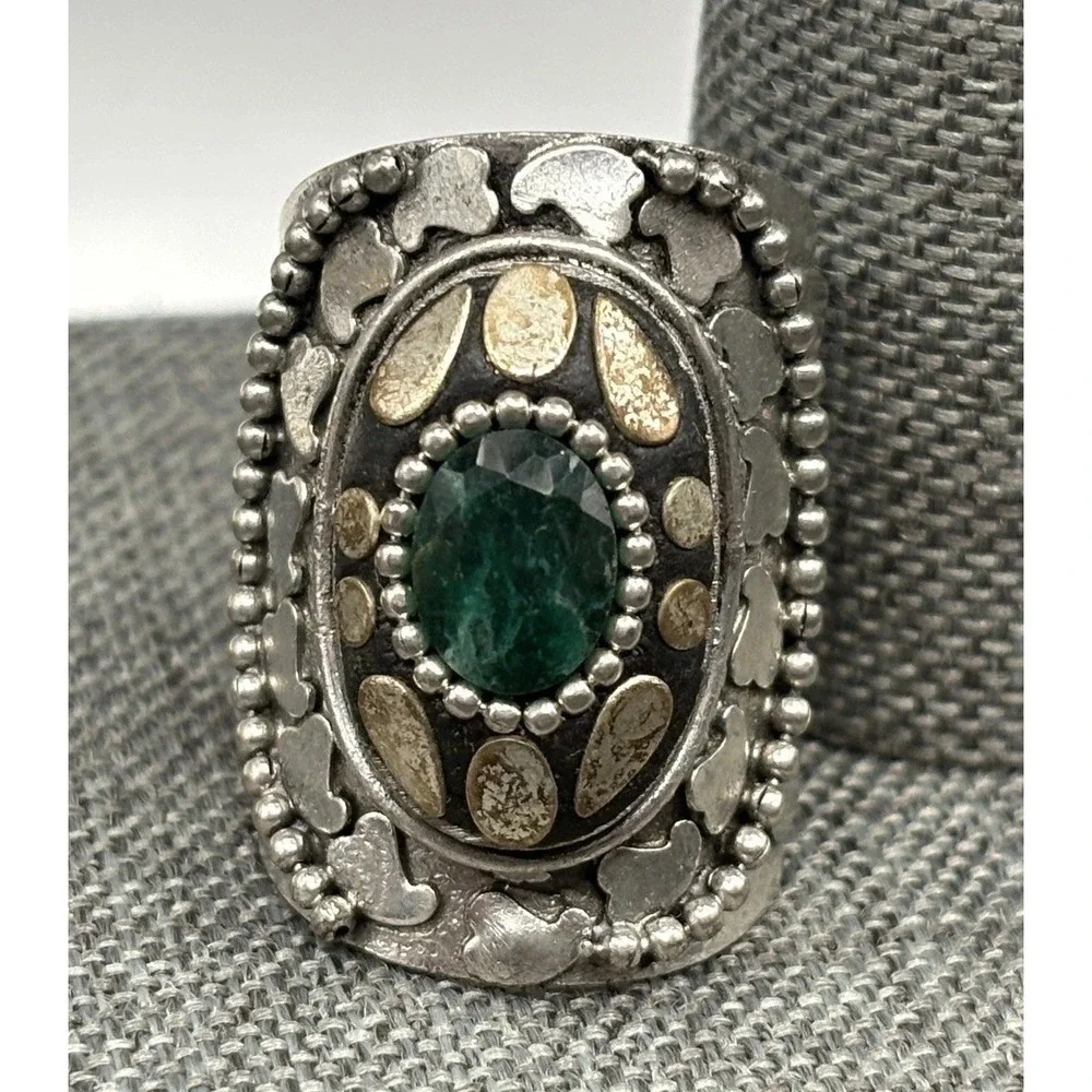 Vintage Huge Tribal Green Stone Oval Statement Ring Size 7 Silver Tone
